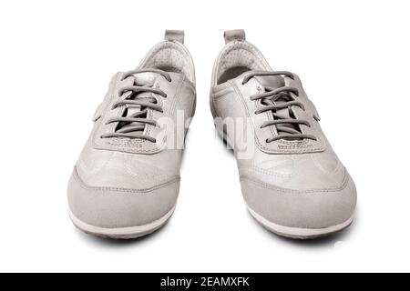 Silver leather sneakers white background isolated closeup front & side ...