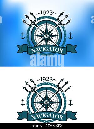 Marine heraldic label with anchors, compass, trident and ropes for nautical design Stock Vector