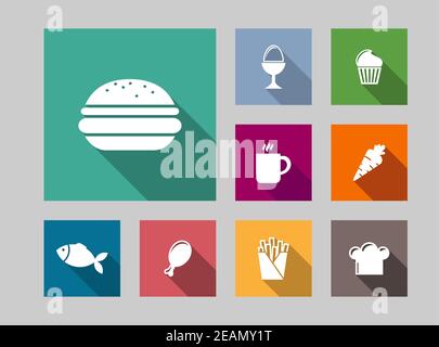 Flat food icons set with cake, egg, tea carrot fish roast chicken fries hamburger and cap Stock Vector