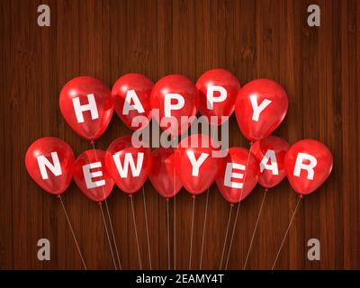 Red happy new year air balloons on a dark wooden background Stock Photo