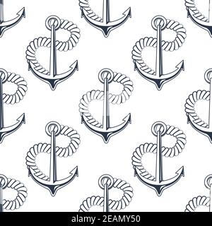 Black and white seamless background pattern with marine anchor with curling rope in a nautical theme suitable for wallpaper, textile or wrapping paper Stock Vector