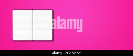 Pink open lined notebook isolated on colorful background. Horizontal banner Stock Photo