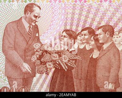 Mustafa Kemal Ataturk with a children a portrait from Turkish money Stock Photo