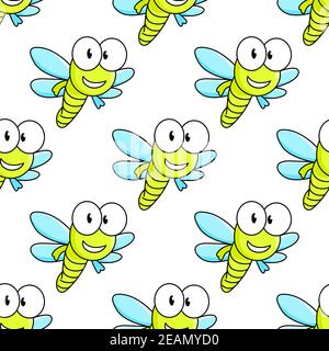 Colorful cartoon flying dragon fly with big googly eyes seamless background pattern Stock Vector