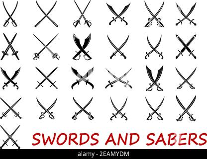 Crossed swords and sabers elements isolated on white background, suitable for history and heraldry design Stock Vector