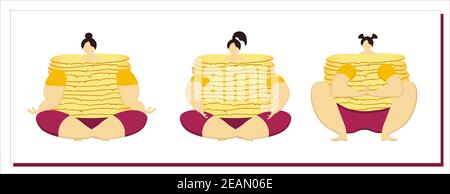 No diets. World No Diet Day. Tolstoy woman with pancakes. Vector illustration isolated on white background. Obesity and gluttony concept. Stock Vector