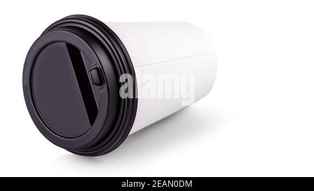 white paper coffee cup with a black lid lies on white Stock Photo