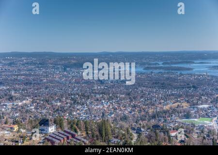 Aerial view of Oslo from Holmenkollen ski jump, Oslo, Norway Stock Photo