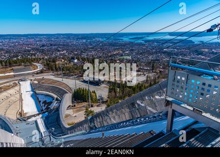 Oslo viewed from Holmenkollen ski jump stadium in Oslo, Norway Stock Photo