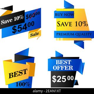 Origami business labels set depicting save, best offer, buy now and a best choice in yellow, black and blue colors isolated on white background Stock Vector