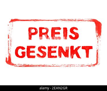 Red stencil frame with grunge text in german language: Reduced Price Stock Photo