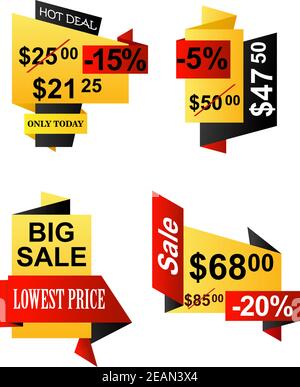 Set of banner origami business labels with text Hot deal, only today, big sale and  lowest price, isolated on white background for business and market Stock Vector