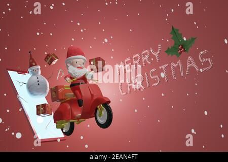 3D Rendering  , Santa Claus riding scooter and Snowman with gift from smartphone screen delivery gift to people in Christmas with falling snow Stock Photo