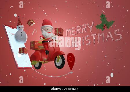 3D Rendering  , Santa Claus riding scooter and Snowman with gift from smartphone screen delivery gift to people in Christmas with falling snow Stock Photo