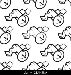 Seamless black colored background pattern of communications satellite in square format for telecommunication themed wallpaper Stock Vector