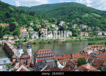 The Heidelberg district of Neuenheim with the Old Bridge,the Bridge Gate and the Neckar River. Stock Photo