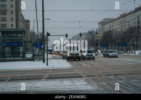 BERLIN, GERMANY - Feb 08, 2021: cars stuck in slow winter traffic while snow storm Stock Photo