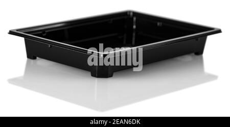 Black Plastic food container on white background. Clipping path Stock Photo