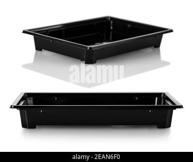 Black Plastic food container on white background. Clipping path Stock Photo