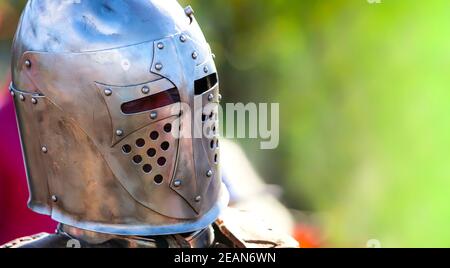 Helmet of a medieval knight. Close up Stock Photo
