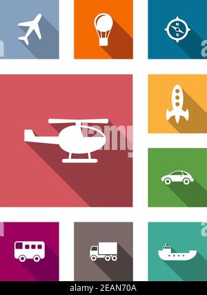 Flat transportation icons set  with aircraft, air balloon, compass, helicopter, rocket, car, bus, truck and ship Stock Vector
