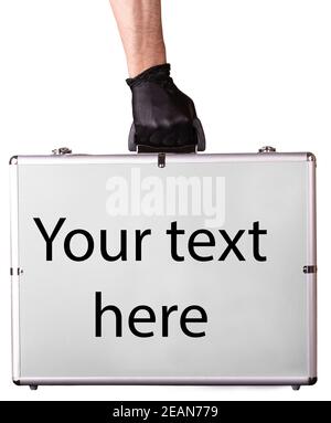 Large aluminum suitcase and hands in black safety gloves Stock Photo