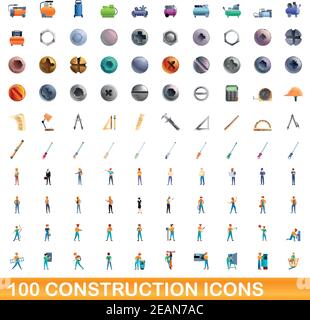 100 construction icons set. Cartoon illustration of 100 construction icons vector set isolated on white background Stock Vector