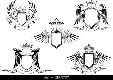 Set of five black and white vintage heraldic winged shields in different shapes with crowns above the shield and a blank banner below, detailed callig Stock Vector