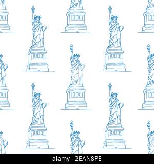 Statue of Liberty seamless pattern in outline style for travel, wallpaper, background and fabric design Stock Vector