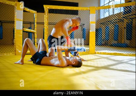 Male MMA fighter finishes his opponent in a cage Stock Photo