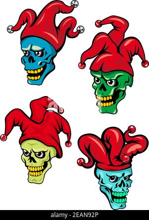 Cartoon clown or joker skull with hat, bells and eyes. For Halloween, t-shirt  and tattoo design Stock Vector