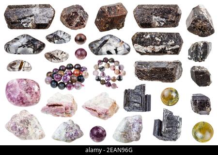 collection of various Tourmaline rocks isolated Stock Photo