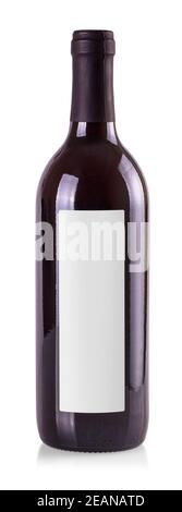 Red wine bottle, with real paper blank label. Isolated on white.