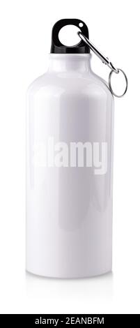 White empty stainless thermo water bottle close-up isolated on white background Stock Photo