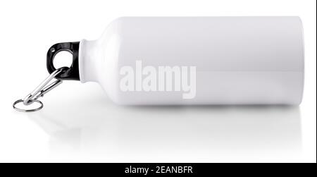 White empty stainless thermo water bottle close-up isolated on white background Stock Photo