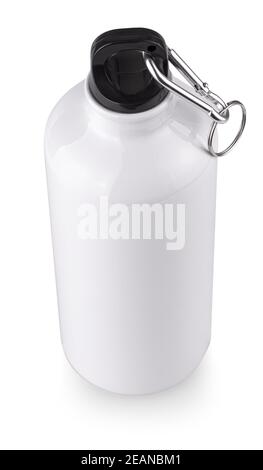 White empty stainless thermo water bottle close-up isolated on white background Stock Photo