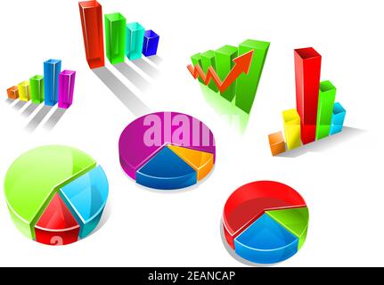 Set of colorful 3d graphs and charts with seven different bar graphs and pie charts with shadows or reflections Stock Vector