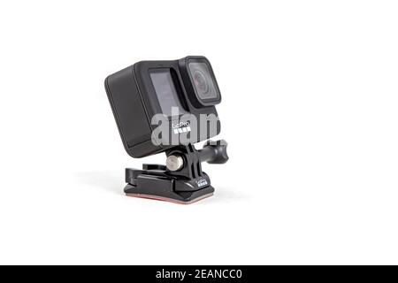 moscow, russia - Novemner 11, 2020: new flagship action camera gopro hero 9 black. side view, isolated white background.. Stock Photo