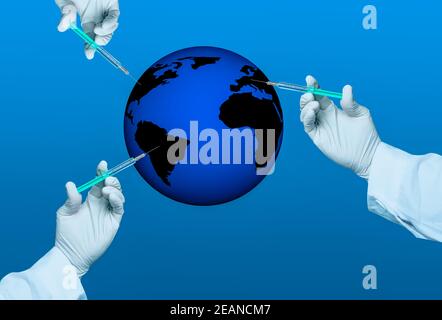 symbol picture about the worldwide distribution of a vaccine against covid 19 Stock Photo