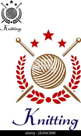 Hand knit or knitting retro emblem with yarn ball, sticks, stars and laurel wreath Stock Vector