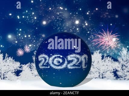 New Year's Eve illustration with year 2021 and fireworks on a wintery background Stock Photo