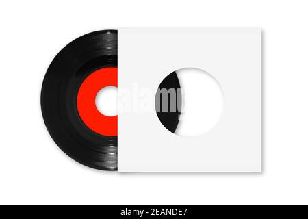 45rpm single vinyl record with red label and white sleeve on white with clipping path Stock Photo