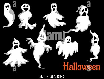 Night halloween ghosts set isolated on black background for fear and scary holiday design Stock Vector