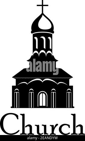 Black and white temple or church icon with the front facade with onion dome and the text Church. For religious and christianity design Stock Vector