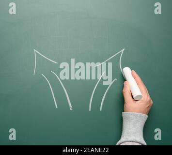 woman's hand drawn two arrows that diverge in different directions on a green chalk board Stock Photo