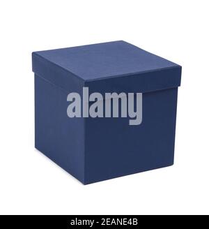closed blue cardboard box with lid for gifts isolated on white background Stock Photo