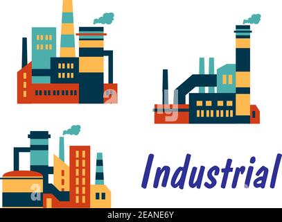 Three flat industrial icons showing factories, plants or refineries with smokestacks or chimneys with polluting smoke and the word - Industrial, isola Stock Vector