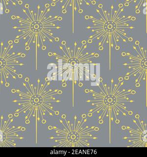 Dandelion seeds seamless vector pattern background. Backdrop of abstract folk art style floating herbacious flowers grey yellow backdrop. Hand crafted Stock Vector