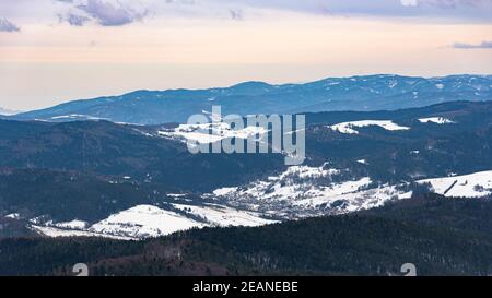 Winter landscape of Beskid Sadecki mountain range Stock Photo
