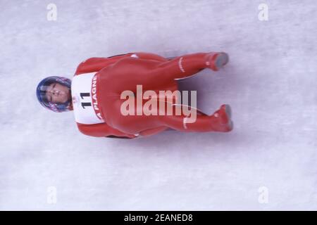Angelika NEUNER, 2nd place silver medal, AUT, action, luge, tobogganing Luge of the women, Olympic Games in Albertville/France, from 09.02.-22.02.1992, Â | usage worldwide Stock Photo